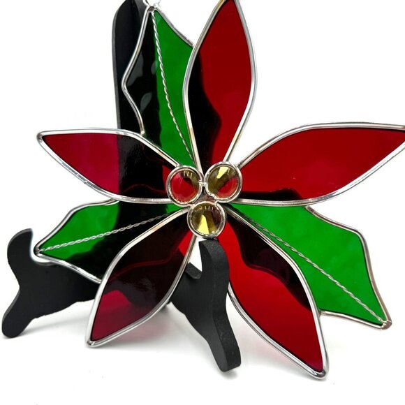 Large Handmade Poinsettia Stained Glass Sun-Catcher Winter Holiday Decor - Picture 4 of 10